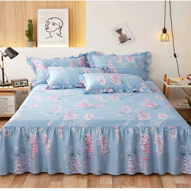 

2020 new products Cotton 13372 twill print Bed spread Fitted Sheet Pillowcases 2/3 pcs Luxury Princess Lotus leaf lace bedding.