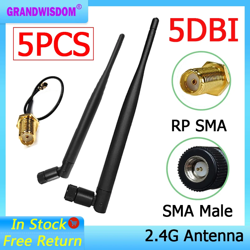 GRANDWISDOM 5pcs 2.4G antenna 5dbi sma male wlan wifi 2.4ghz antene IPX ipex 1 SMA female pigtail Extension Cable iot antena