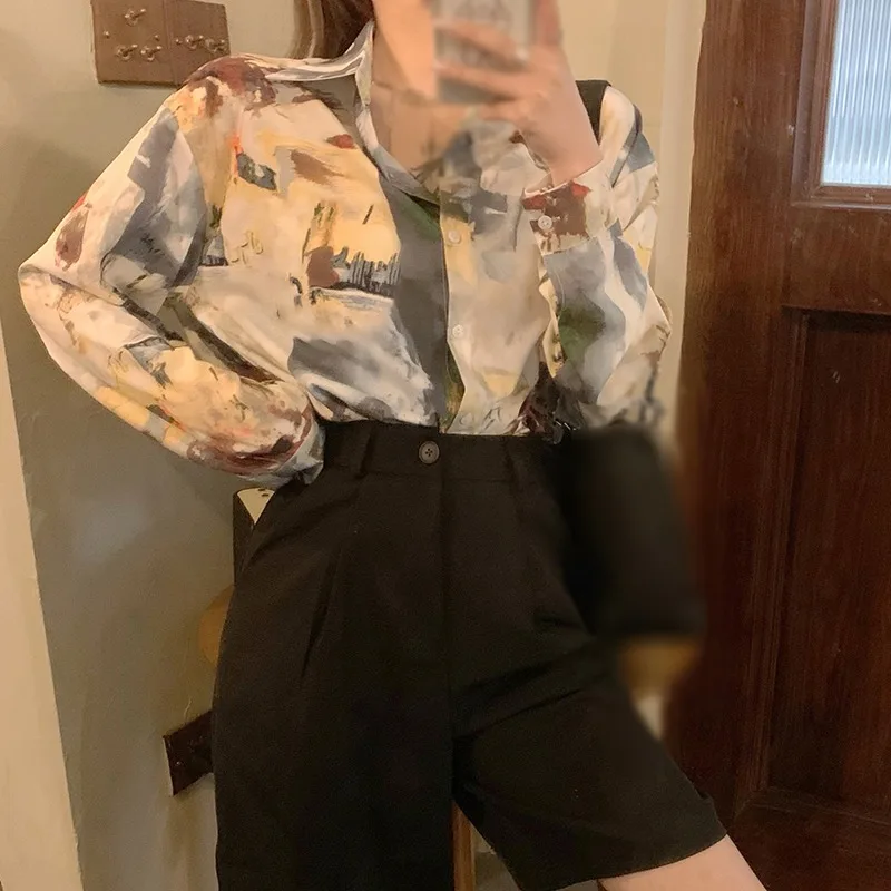 

Female Spring Autumn Women Vintage Printed Blouse Women Lapel Long Sleeve Loose Fit Shirt Fashion Tide Big Size