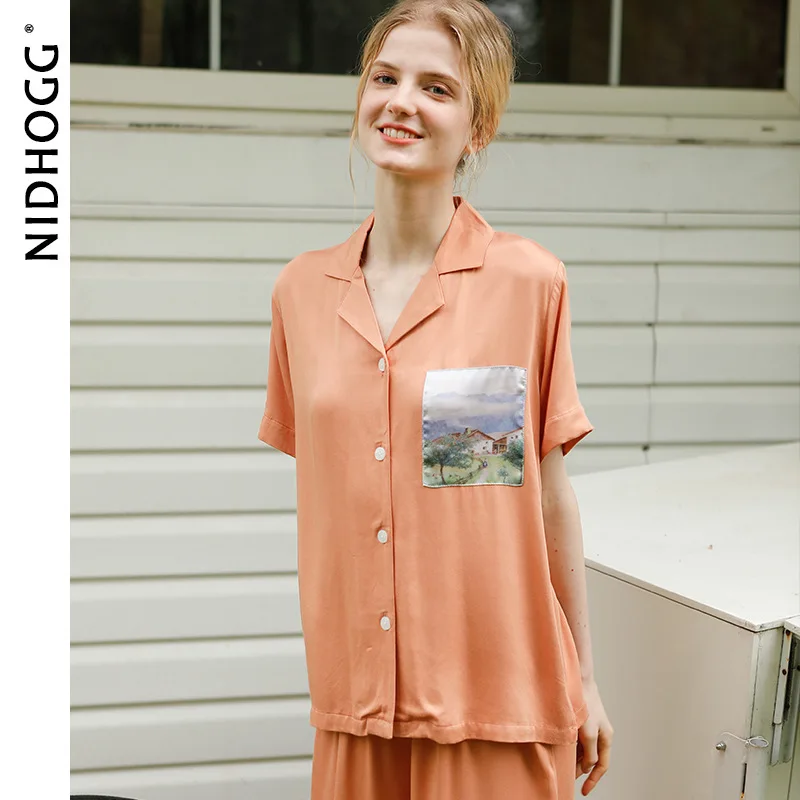 

2021 Women Short Sleeve Pajamas Viscose Satin Sleepwear Loose Oil Painting Lounge Wear 2 Piece Pyjamas Sexy Nightwear Home Set