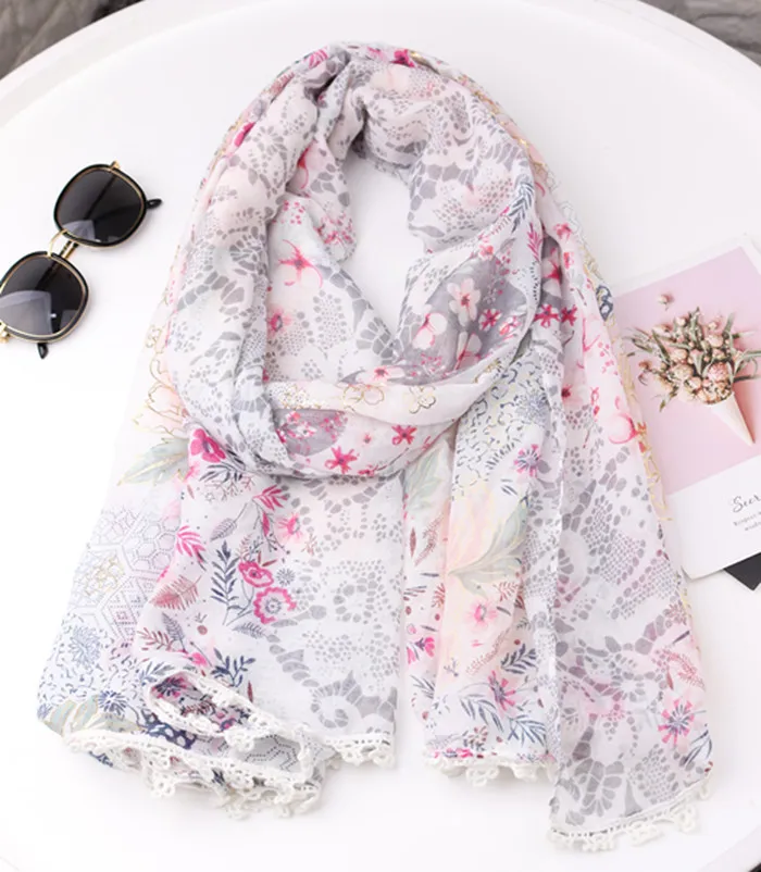 2020 Fashion Small Flower Print Gold Foil Trim Scarves Shawls Long Women Soft Floral Wrap Scarf Hijab Free Shipping |