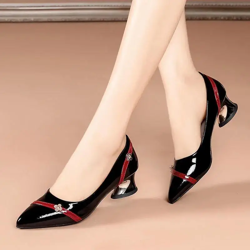 

Mulheres De Salto Alto Lady Sexy Black Pu Leather Square Heel Shoes for Party & Night Club Women Wine Red Office Heels Pumps C16
