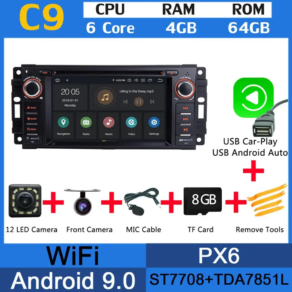 PX6 USB CarPlay PX6 4G+ 64G Android 9,0 Автомобильный DVD радио gps для Jeep Wrangler Компас Commander Cherokee Dodge caliber путешествие Liberty CarPlay DSP - Цвет: PX6 USB CarPlay