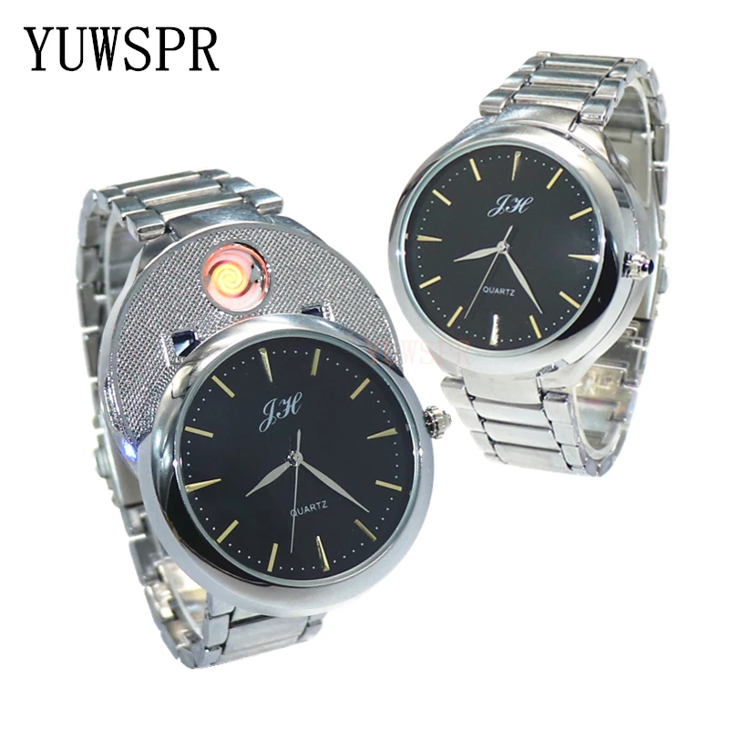 

Men Watch quartz Lighter watches Stainless steel strap USB Charge fashion Windproof Flameless Cigarette Lighter male clock JH329