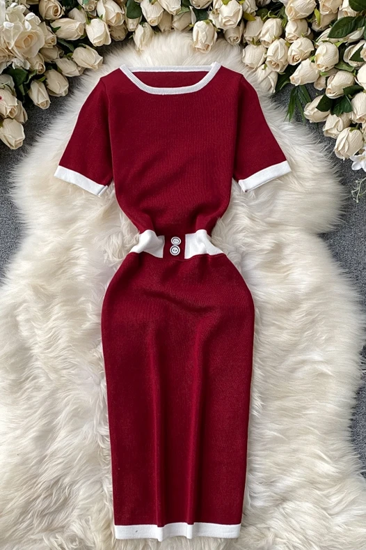 

2021 Women Vintage knitting Dress Summer O Neck Short Sleeve Slim Elastic Boadycon Sundress Korean Patchwork Pencil Dresses