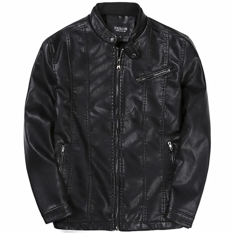 

2021 Winter Fashion New Men's Casual High Grade Wash Collar Zipper Leather Jacket / Male Stand Collar Pu Add Wool Warm Coat