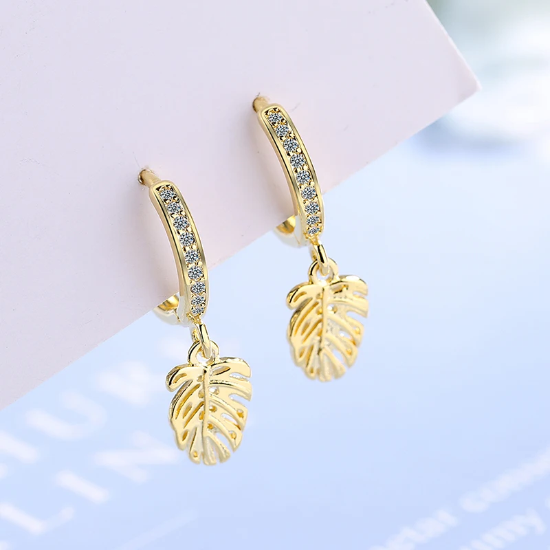 

Newest Natural Style Leaves Hoop Earrings Crystal Zirconia Tiny Huggies Golden/White Fresh Cute Earring Pierce Jewelry For Women