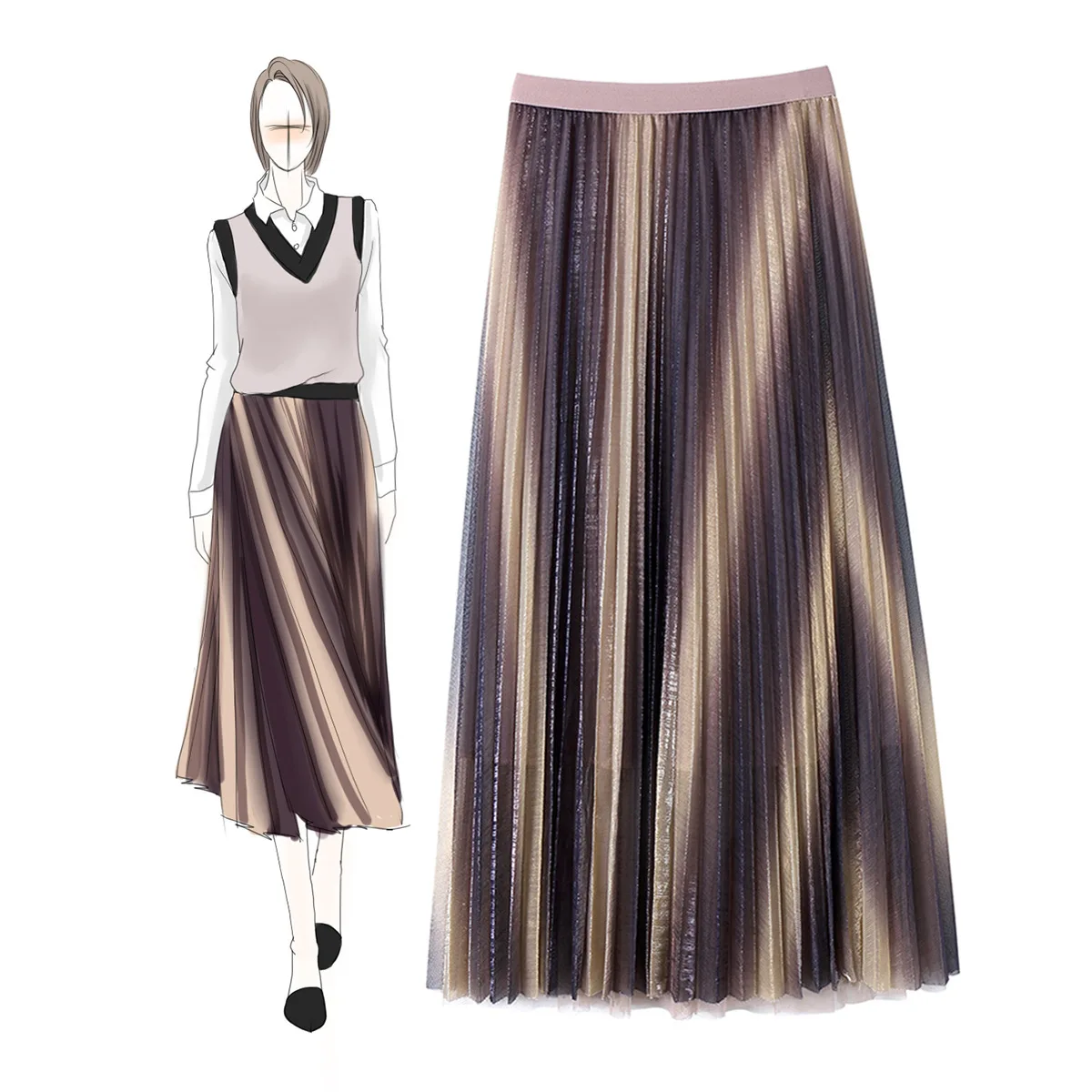 

Женская плиссированная юбка, Элегантная универсальная юбка трапециевидной формы с цветными вставками и кружевом, весна-лето 2020