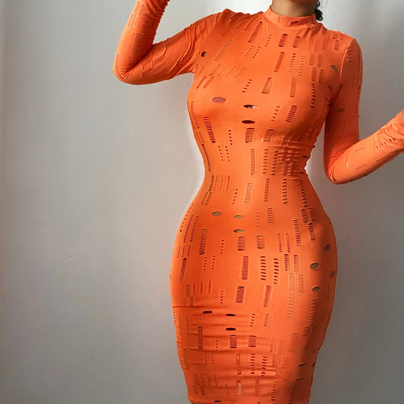 

Autumn Long Sleeve Hollow Out Hole Midi Dress Skinny Fitness Sexy Dresses Ladies Party Night Clubwear Vestido Black
