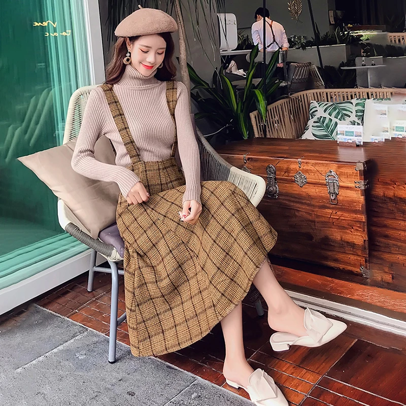 Коричневые Клетчатые Шерстяные Платья сарафан на бретелях спагетти в японском