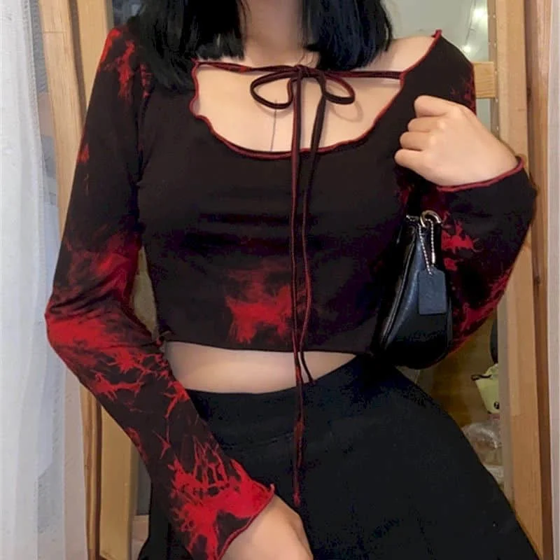 

2021 Summer Spring Autumn Casual Long Sleeve Korean Punk Sweatshirts Shirts for Women Goth Bm Style Sexy Vintage Tie Dye Lace