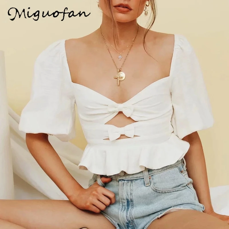 Miguofan Пляжная блузка рубашки открытая женская с бантом сексуальный v-образный