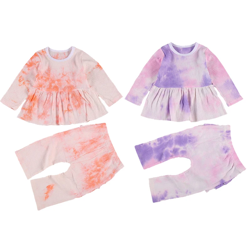

Toddler Baby Girl Tie Dye Clothes Sets Baby Girl Long Sleeve T-shirt+Ruffles Long Pant 2 Pcs Autumn Spring Outfits