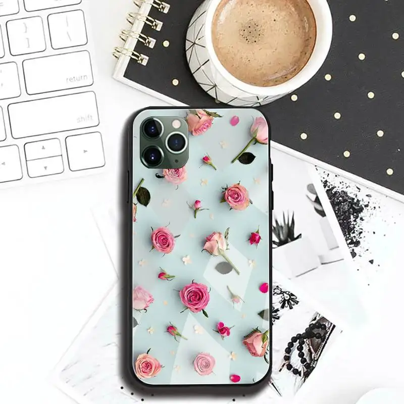 rose pink flower phone case tempered glass for iphone 11 pro xr xs max 8 x 7 6s 6 plus se 2020 case free global shipping