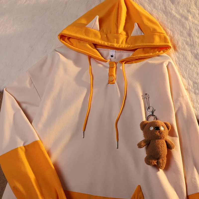 

Long Hoodies Bear Doll Decorate Sweatshirt Women Hooded Pullover 2021 Korean Style Thick Fashion Drawstring Female Sweatshirts