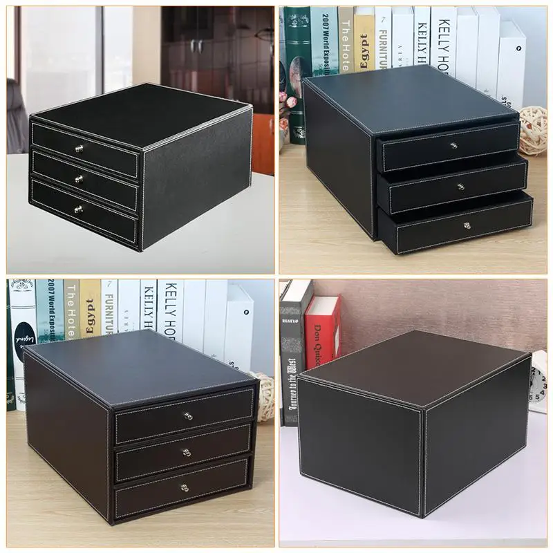 

Drawer Type Desk Cabinet Leather Office Three-Layer File Storage Box Home Office Storage Organizer (Black)