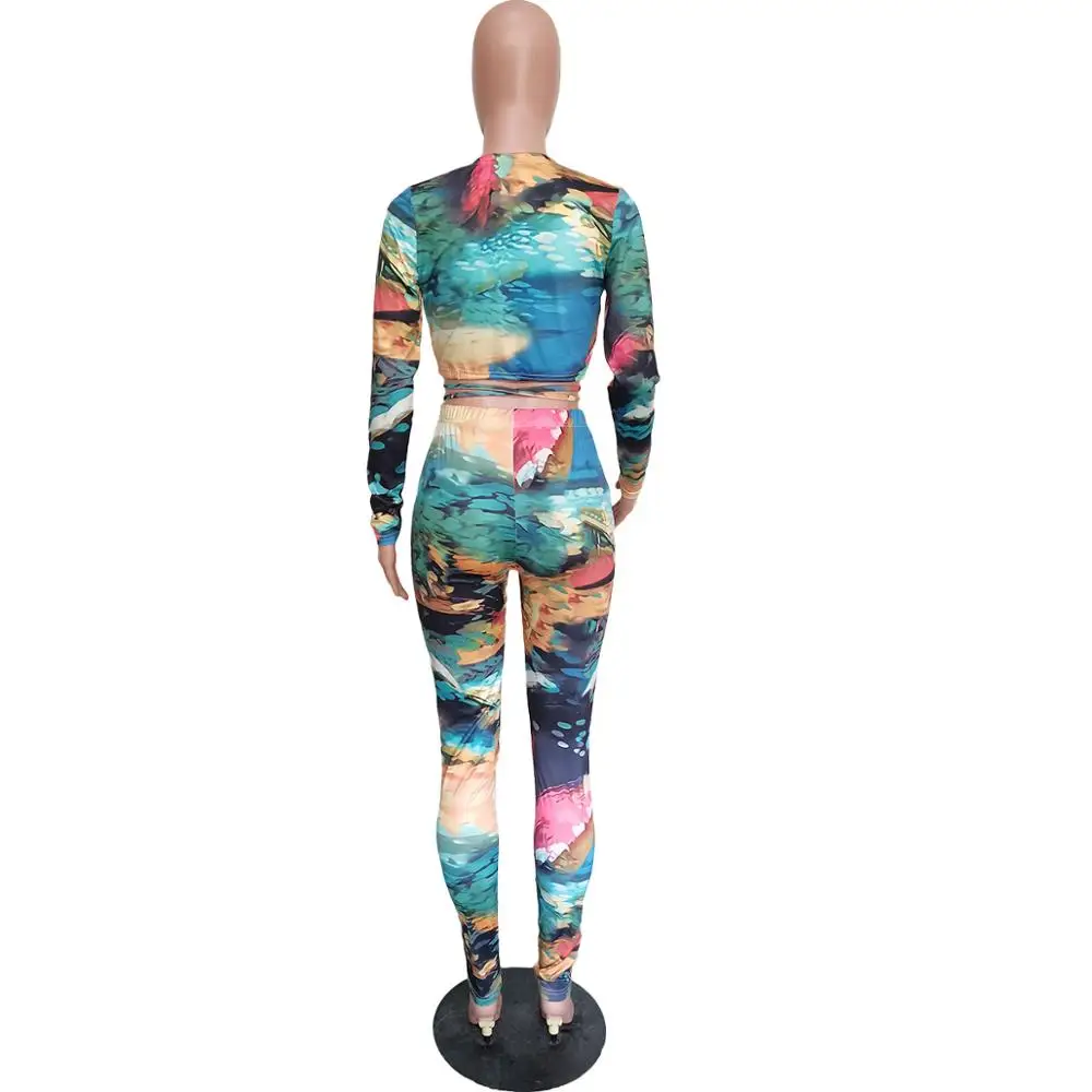 

Hot Selling Sexy Party Wear Women Sets Ocean Printing Drawstring Hollow Out Crop Top High Waist Pants For Nightclub Party Autumn