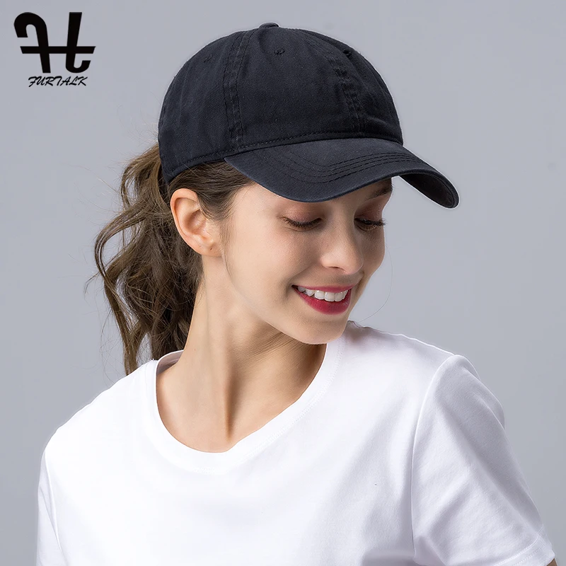 FURTALK Ponytail Baseball Cap for Women Vintage Black Baseball Caps Mens Snapback Hip Pop Cap Washed Cotton Hat for Female
