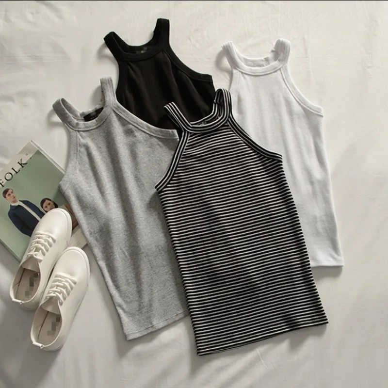 

Basic Solid T shirts Women Slim Halter Neck Off-shoulder Camisole Tops Tees Summer Female Tanks Sleeveless