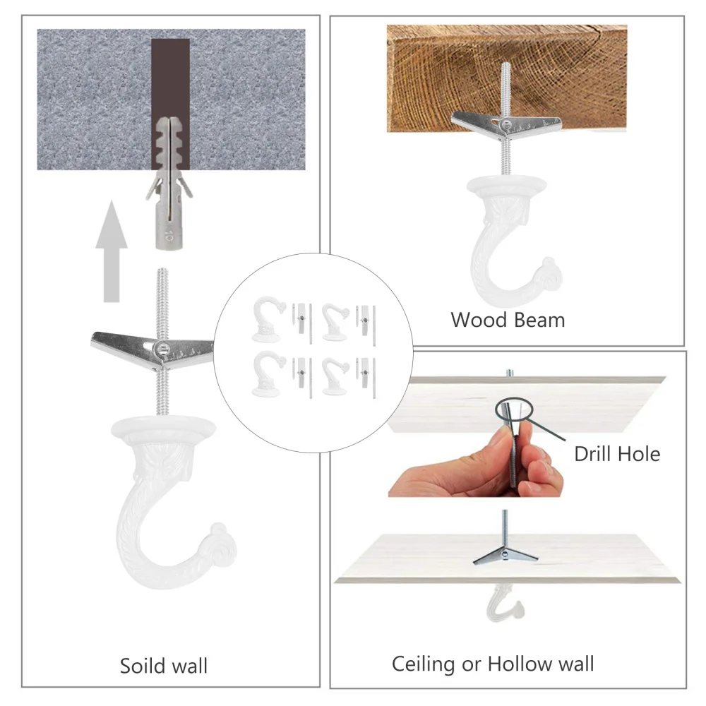 

4 Sets Ceiling Hooks Steel Screws Bolts and Toggle for Flower Pot Use