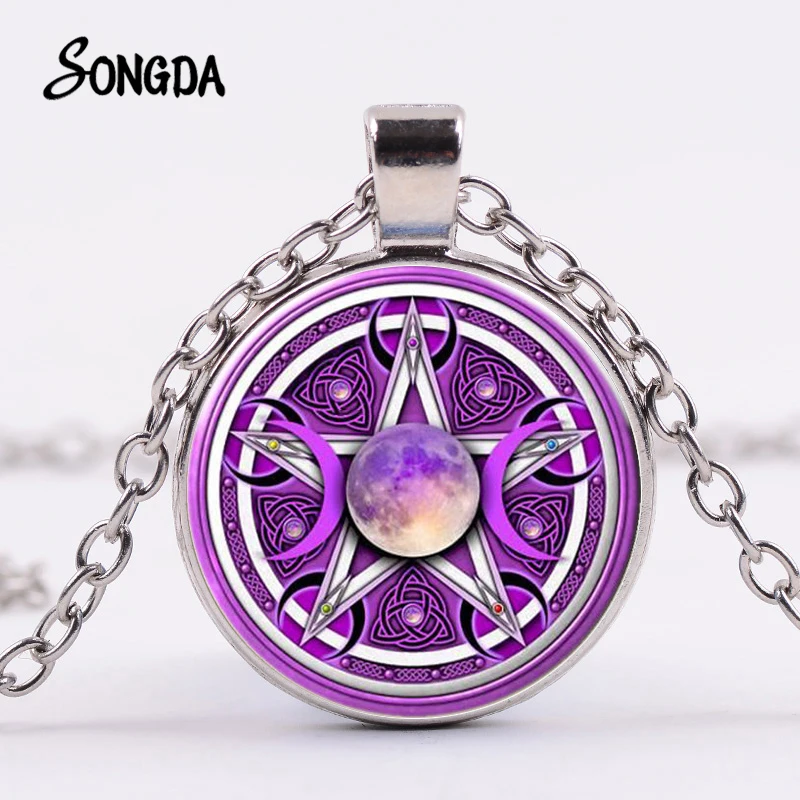 

Purple Triple Moon Goddess Necklace Supernatural Pentagram Wicca Protection Glass Pendants Magic Necklaces for Men Women