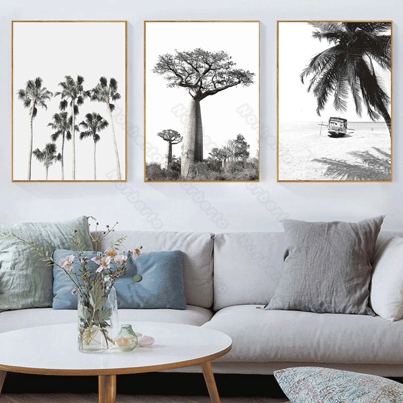 

Nordic Style Frameless Canvas Painting Wall Poster Gray Pictures Coconut Palms On The Island for Living Room Bedroom Decoration