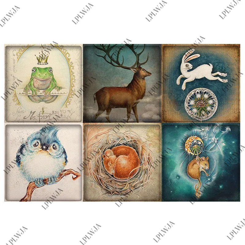 

LPLWJA Retro Animals Bird Bat Mouse Rabbit Owl Square Shape Glass Cabochon Photo Demo Flatback Base Tray DIY Jewelry Findings