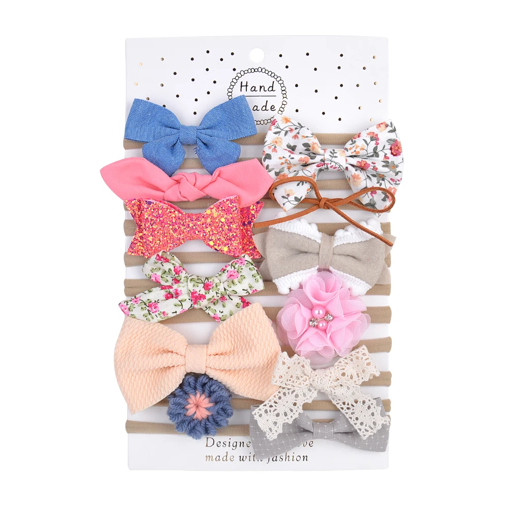 

10pc=1set Rhinestone Pearl Nylon Headband Baby Print Hair Bow Nylon Girl headband Newborn Cotton Hair Bow Toddler Headwear Kids