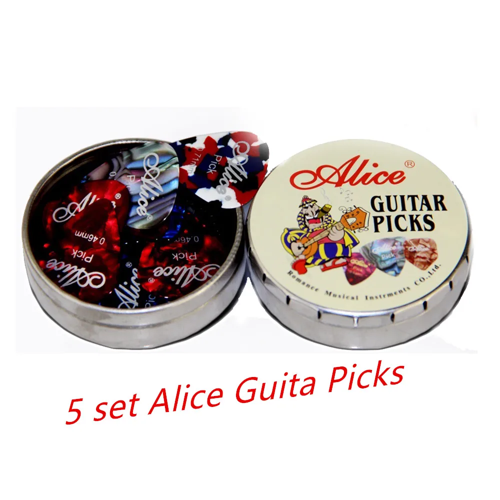 

5 set Alice Guitar Picks 12 Celluloid Plectrum Mediator in Mini Cute Round Metal Picks Tin Box for Acoustic Guitar Accessories