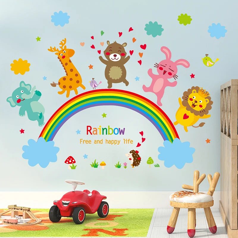 [SHIJUEHEZI] мультфильм лев кролик медведь Животные наклейки на стену ПВХ DIY Радуга настенные наклейки для детской комнаты украшения детской спальни