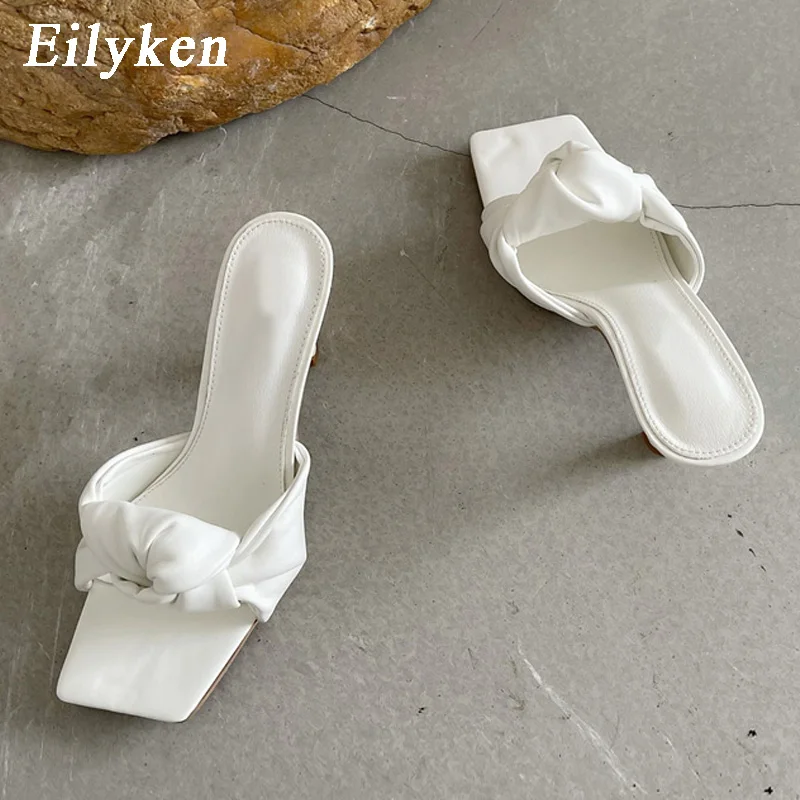Design Pleated PU Leather Women Slippers Square Toe High Heels Ladies Slides Summer Outdoor Dress Shoes
