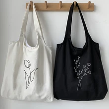 Bolso de lona con diseño Floral para mujer, bolsa de hombro de lona, reutilizable, ecológico, Estilo Vintage, Ulzzang