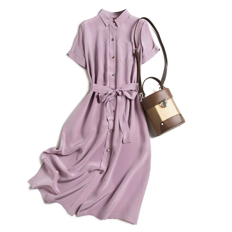 

Office Lady Shirt Dress with Short Sleeve Knee-Length Solid A-Line Turn-down Collar Womens Dresses New Arrival Dresses