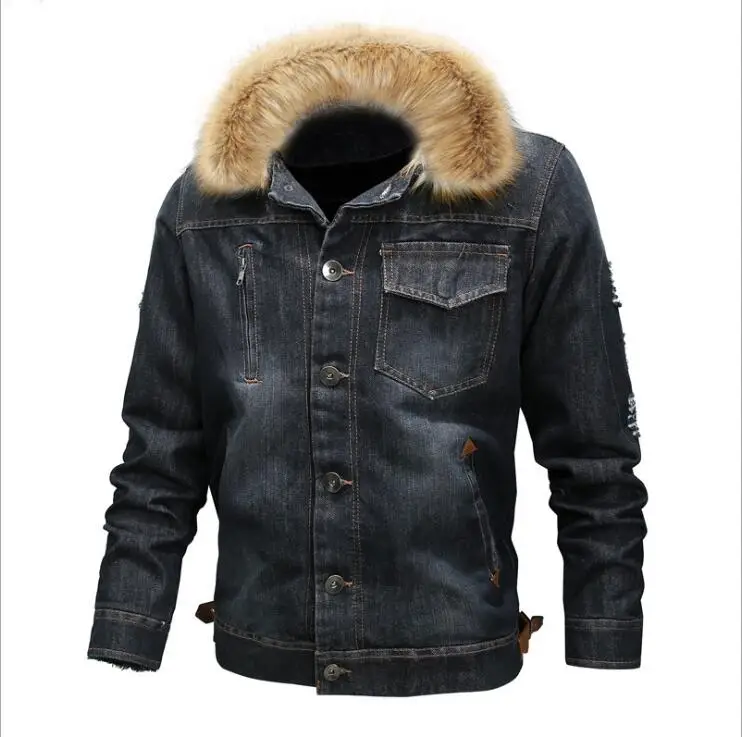 VXO Winter Warm Denim Jacket Men Thick Fur Collar Coat Casual Fur Collar Bomber Cowboy Jacket Wool Liner Outwear
