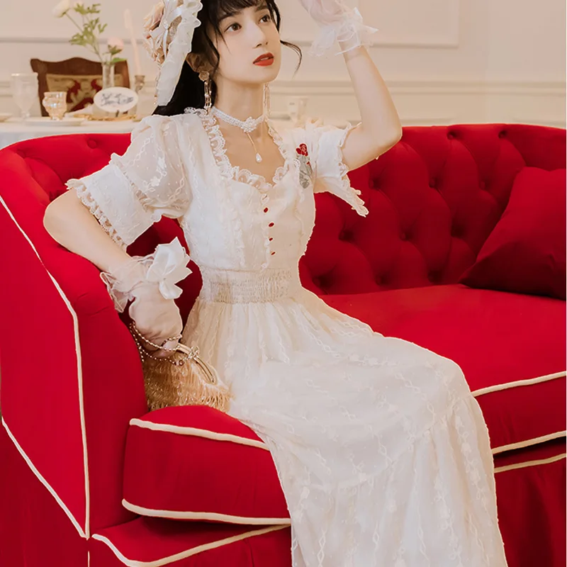 

2021 Summer New French Retro Romantic Fairy Long Dress Women Femme Rose Embroidery Bodycon Dress Elegant Princess Sweet Dresse`s