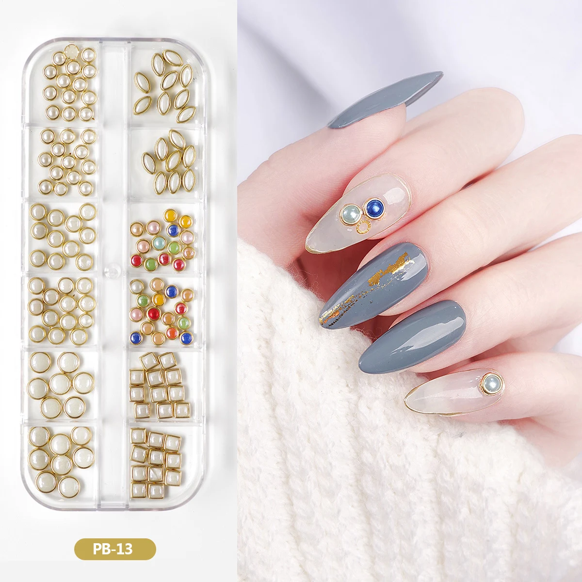 12 Grids/Box Mix Size 3D Nails Pearls Decor Micro Beads Charm Semicircle-Pearl Rhinestones Manicure DIY Nail Art Decorations