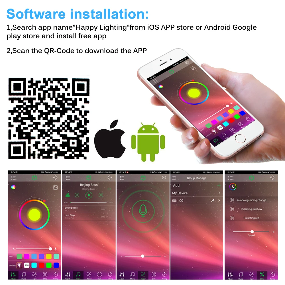 

10m 15m 20m RGB Changeable LED Strip Light DC12V 2835 5050 Led Light Tape Bluetooth Music Controller + Power Aadapter