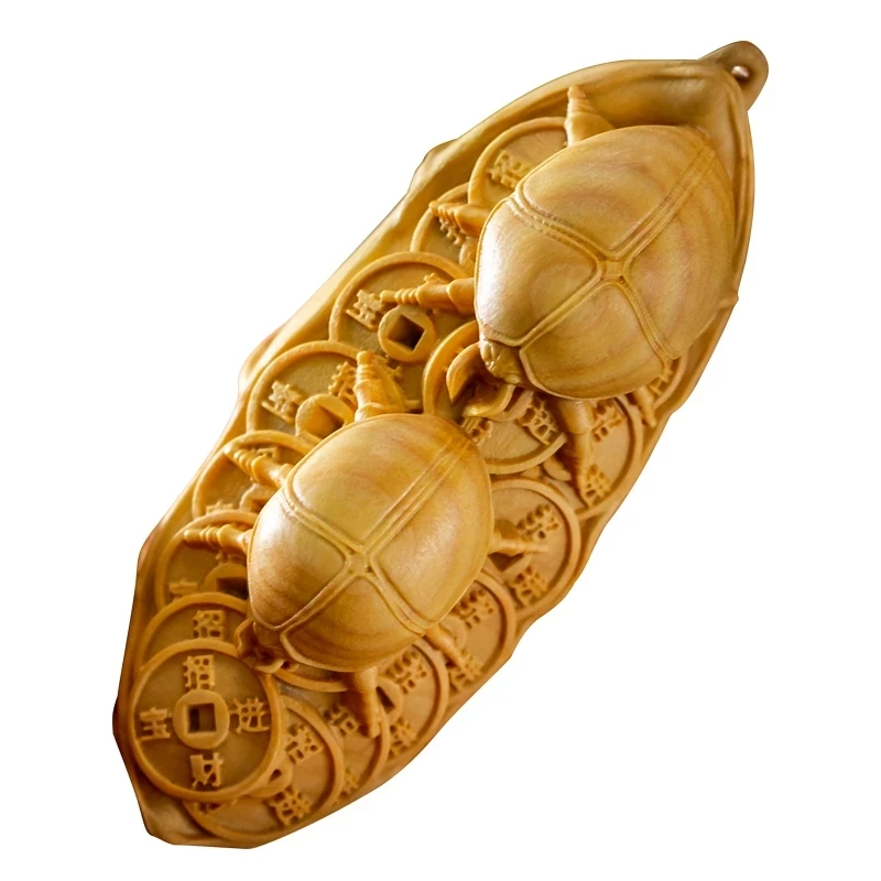

Boxwood 8cm Lotus Leaf Rich Beetle Sculpture Wealth Leaf Solid Wood Statue Car Pendant Feng Shui Home Decor