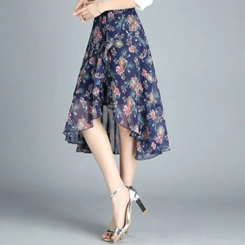 

Floral Chiffon Asymmetrical Skirt Womens Summer Medium Long Elastic High Waist Mermaid Skirts Female 2021 New Popular Midi Skirt