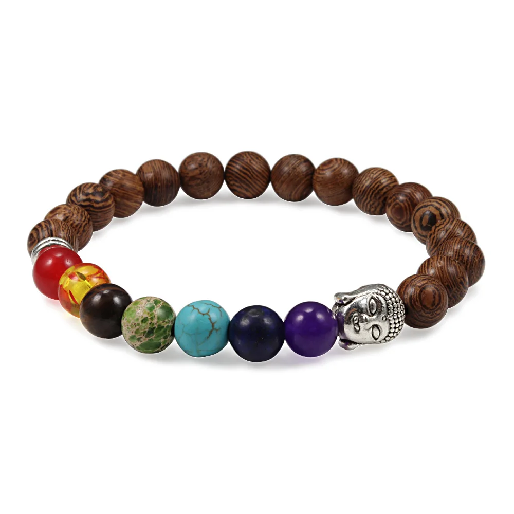 Wood bead 7 Браслет Чакра мужские черные сосновые бусины с энергией исцеления и гармонии рейки молитва Будды медитация натуральный камень Йога браслеты для женщин - Окраска металла: Wood bead