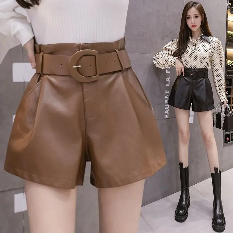 

2021 Women Autumn Winter Solid Faux Leather Shorts Female High Waist A-line Wide Leg Shorts Lady Casual Sashes Loose Shorts G336