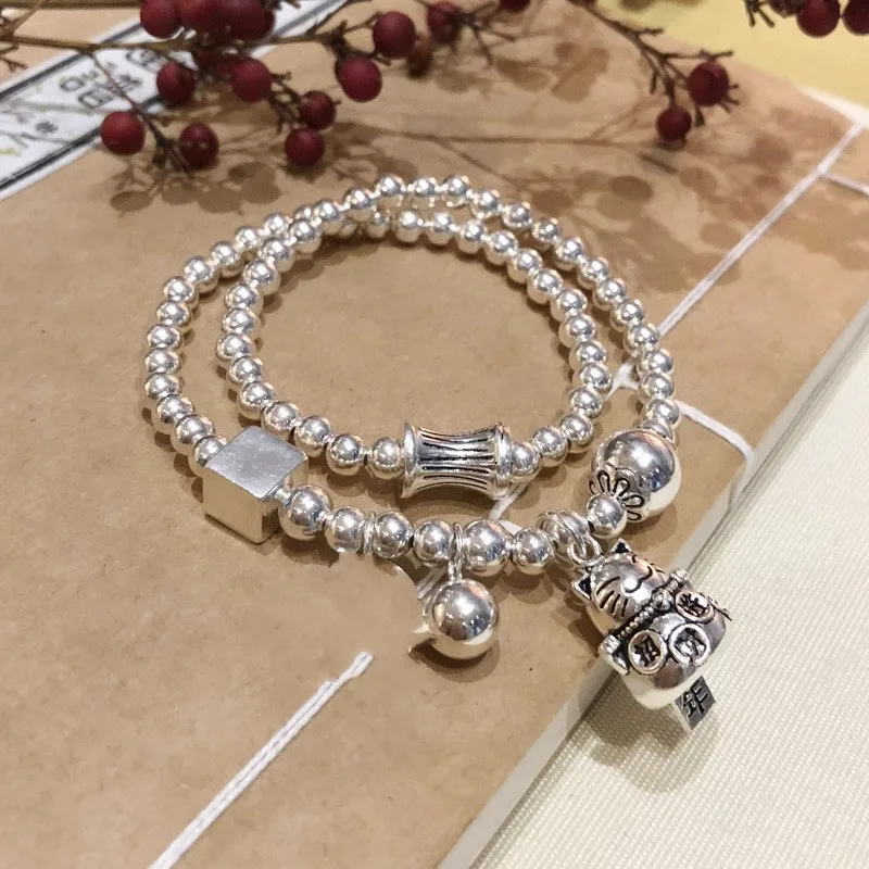 S925 Purea silver bracelet female retro handmade Thai silver lucky cat round card multi-circle silver beads fashion