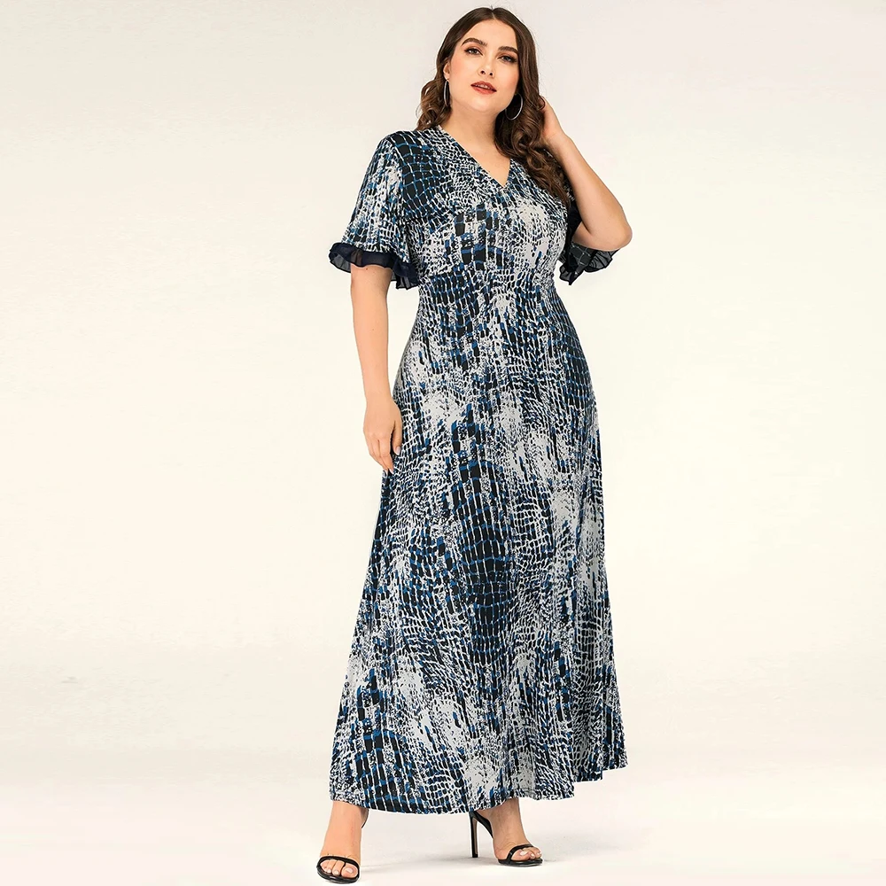 

New Design Summer Plus Size V-Neck Short Sleeve Women Dress Printed Skirt Floral Bohemian Vestidos Elegant Long Beach Femme Robe