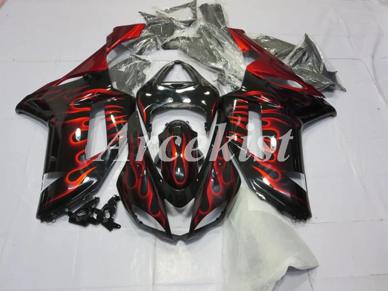 

Новый комплект обтекателей из АБС-пластика для мотоцикла, подходит для kawasaki Ninja ZX-6R 636 ZX6R 2007 2008 07 08, кузов под заказ с черным и красным пламенем