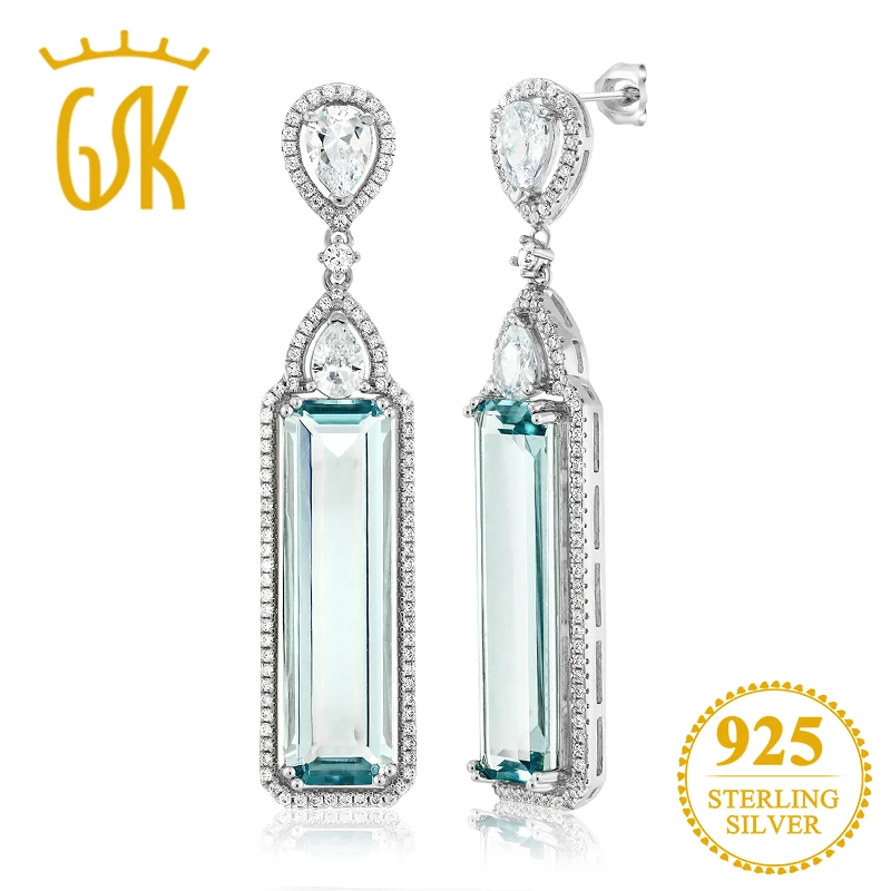 GemStoneKing 925 пробы серебро 12 00 Ctw багет имитация Аквамарин и белый CZ арт-деко висячие