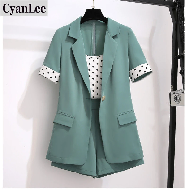 

plus size office ladies Summer 3 pcs set for women polka dot vest and blazer coat and shorts set female workwear outfits 5XL