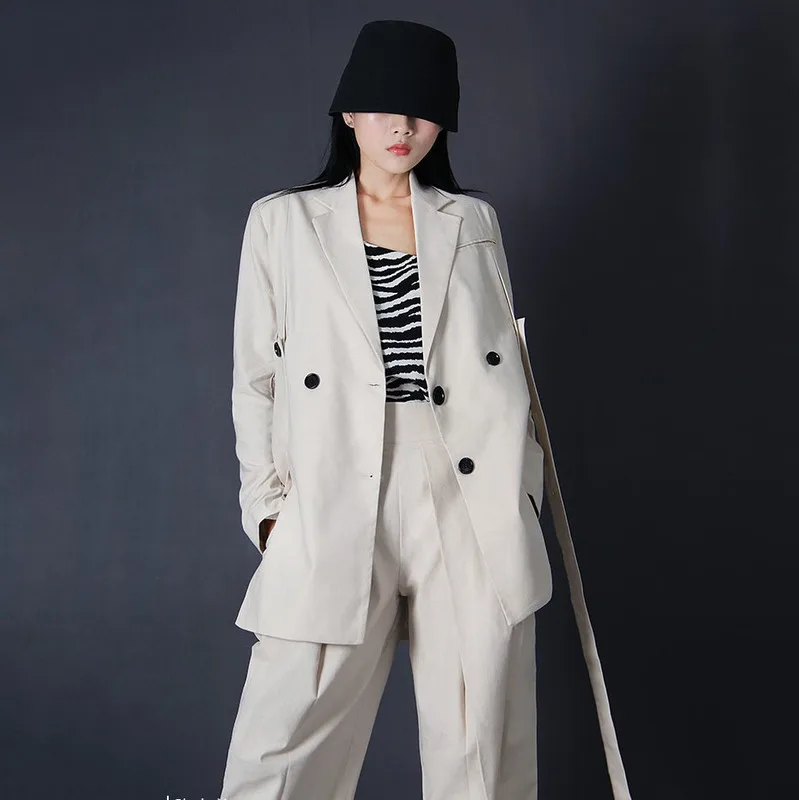 

LANMREM Beige Autumn 2021 new single-breasted design casual loose suit coat + wide waist straight suit pants 2 pieces set 2A1510