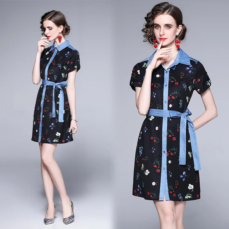 

Сделать новый летний напечатаны шифона строчные джинсы с поясом для девочек; Платье с короткими рукавами