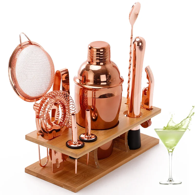 

Home 11pcs Set Stainless Steel Rose Gold Mixer Cocktail Shaker Set Square Wooden Rack Party Barware Accessories Bars Tool