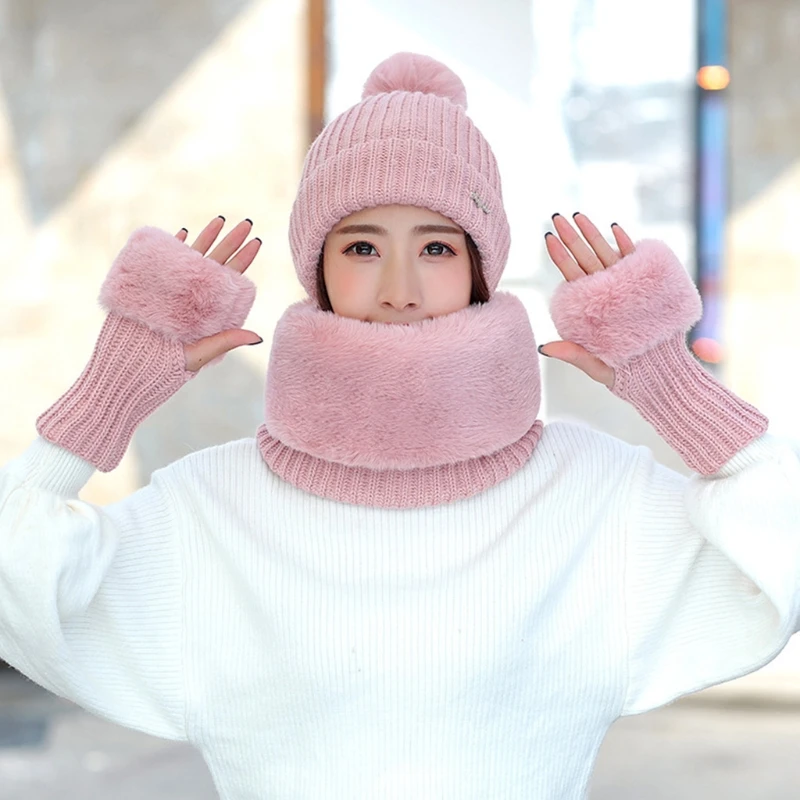 

Women Winter Warm 3Pcs Beanie Hat Circle Scarf Fingerless Gloves Set Solid Color Knit Plush Lined Pompom Cap Neck Warmer